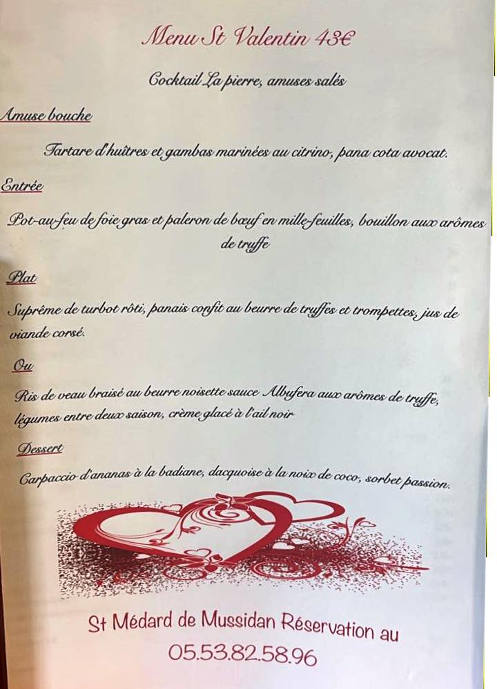Repas St Valentin - Restaurant La Pierre