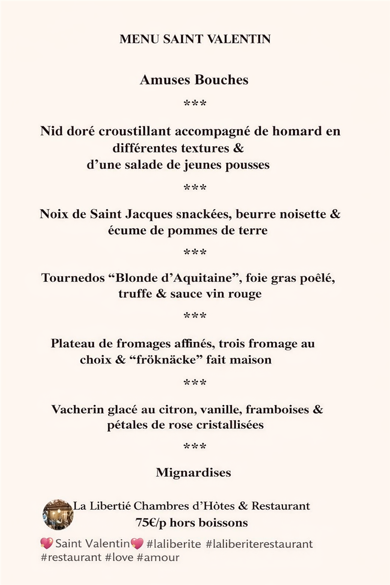Repas St Valentin -Restaurant La Libertie