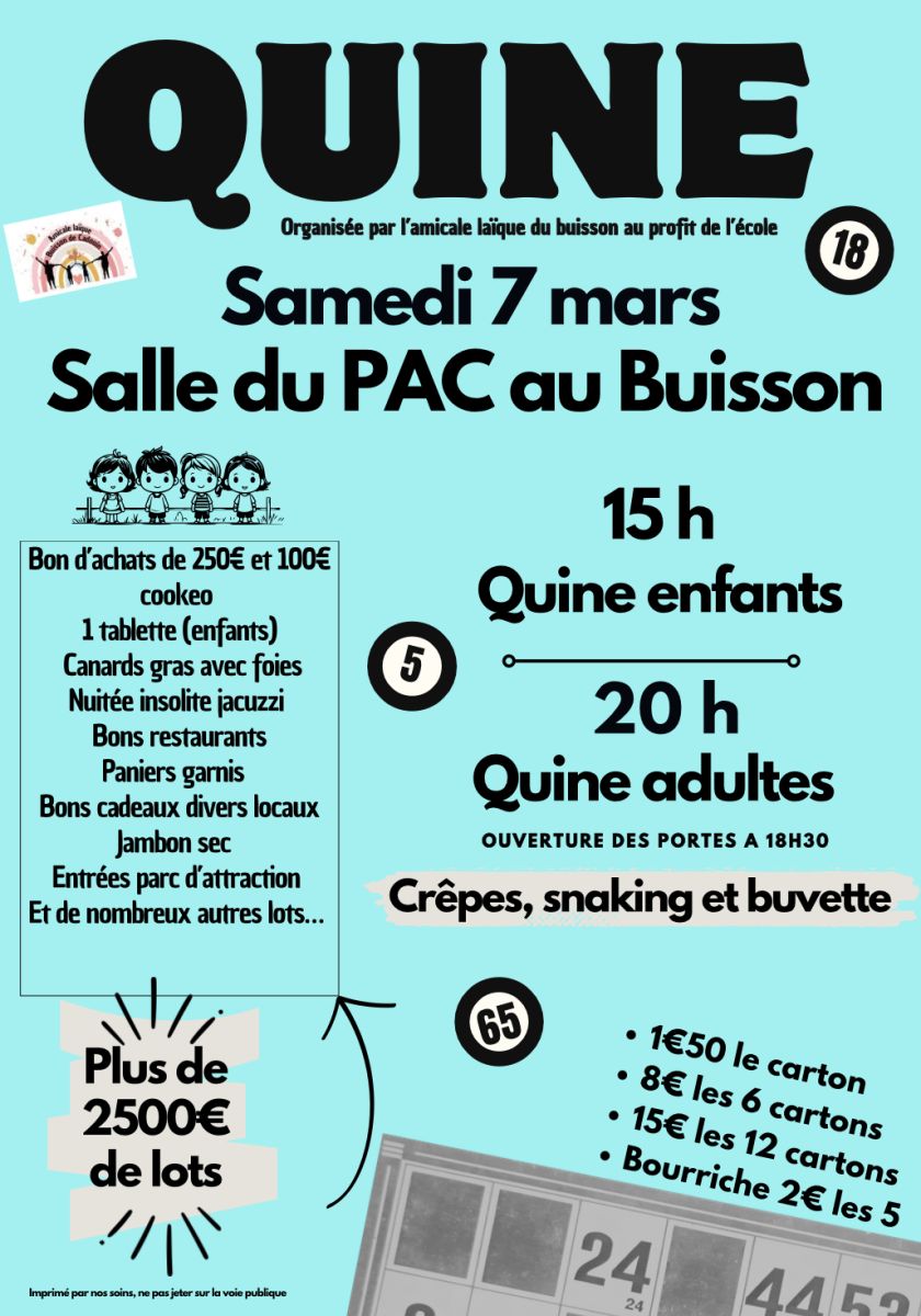 Quine enfant et adultes le samedi 7 Mars 2026